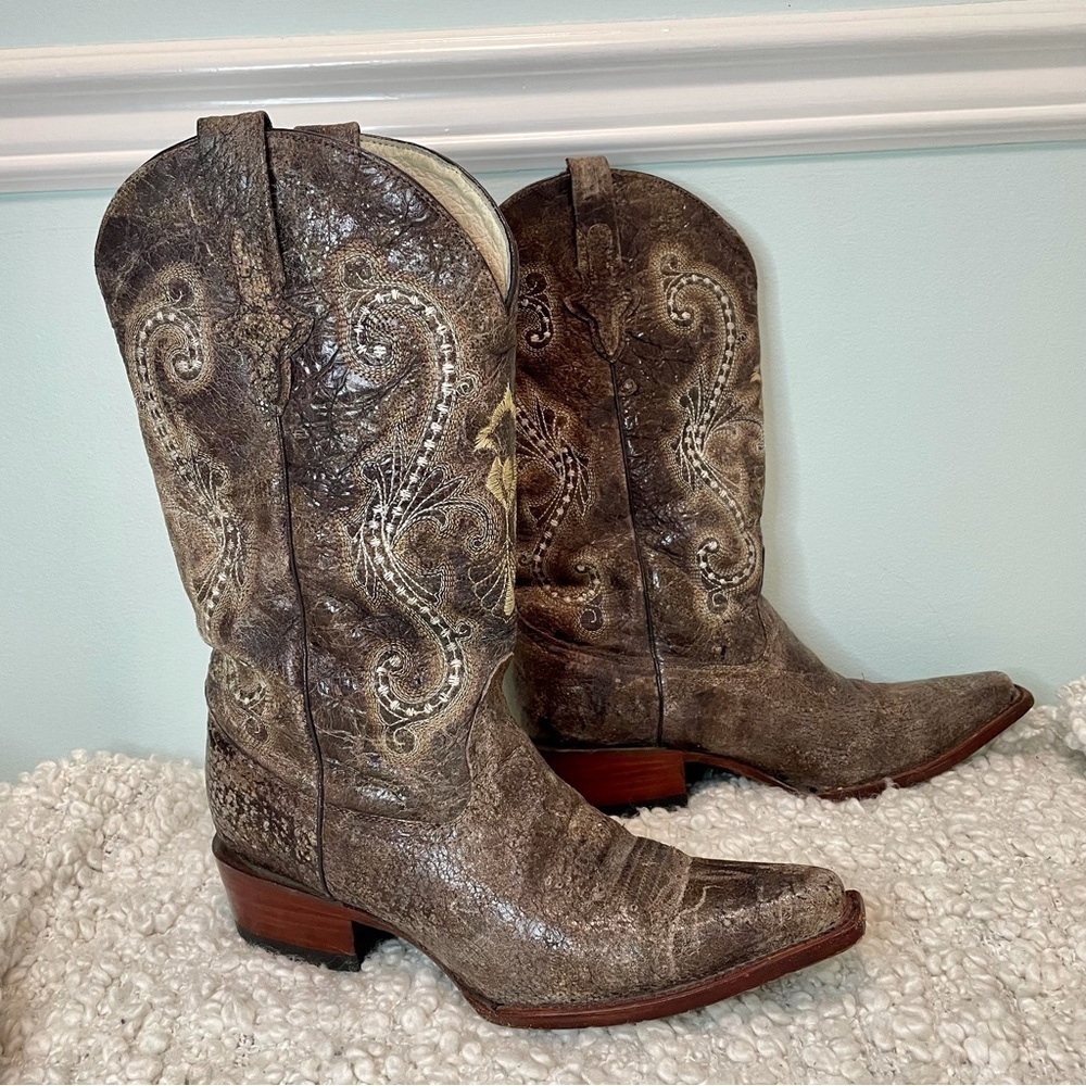 FERRINI Leather Unique Embroidered Cowboy Boots 9.5